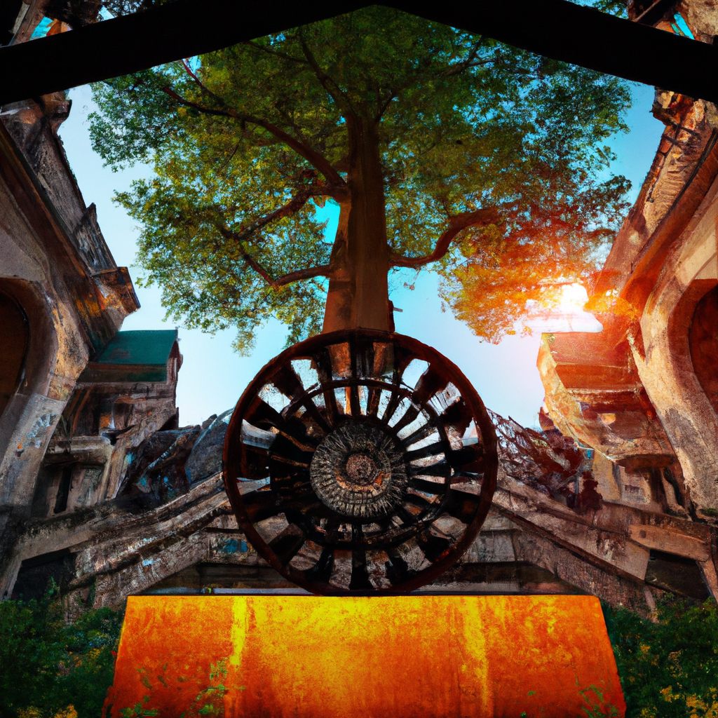 steampunk architecture, exterior view, award-winning architectural photography from magazine, trees, theater sunlight into 3th core of chakra